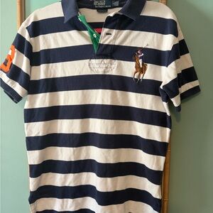 Ralph Lauren Navy & White Striped Rugby Polo with Green Placket Accent